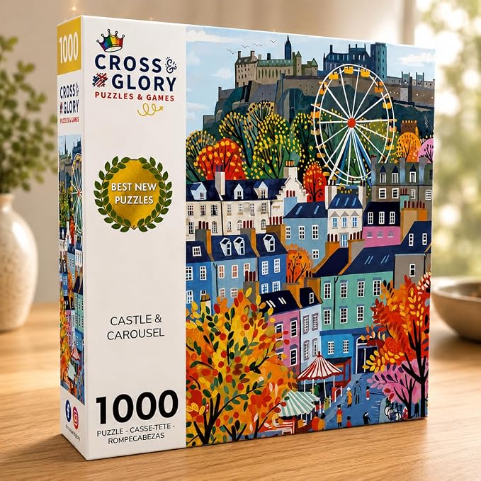 Cross & Glory – Castle & Carousel – 1000 Piece Jigsaw Puzzle for Adults | Colorful Edinburgh Folk Art Puzzle | Bright Scottish City Artwork | Premium Ribbon-Cut Puzzle with Satin Finish