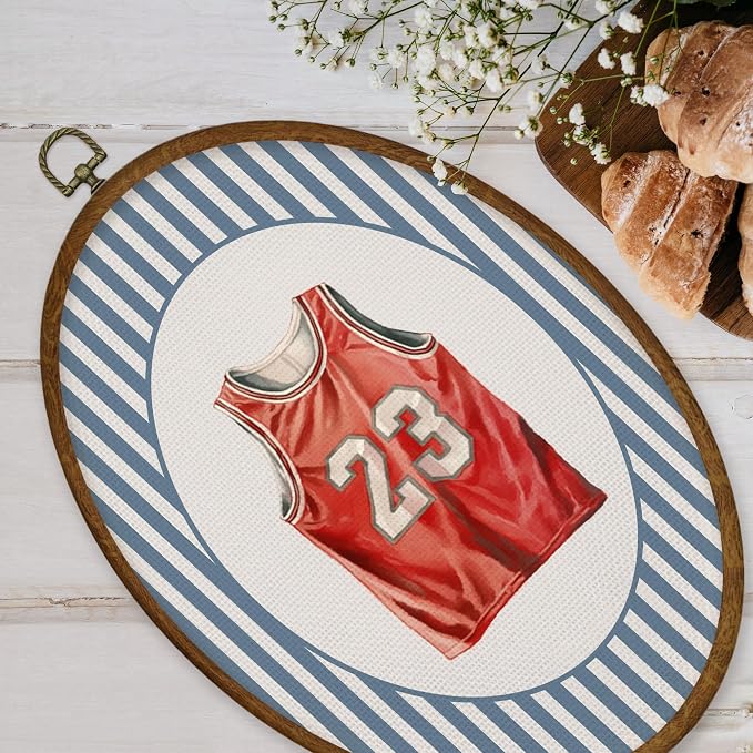WULQYING Vintage Basketball Jersey Nursery Wall Art Decor, Sports Nursery Oval Framed Canvas Art Prints, Blue Striped Basketball Wall Hanging Decor for Kids Boy Room Bedroom Playroom, 8.6x11.4 Inches