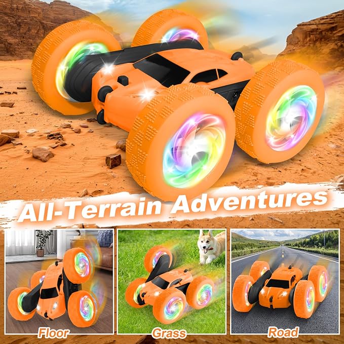 Remote Control Car, Outdoor Toys RC Cars for Kids Ages 6-12, 4WD Double Sided Stunt Vehicle with Upgraded USB-C Modular Batteries, 5 6 7 8 9 10+ Year Old Boy Birthday Orange