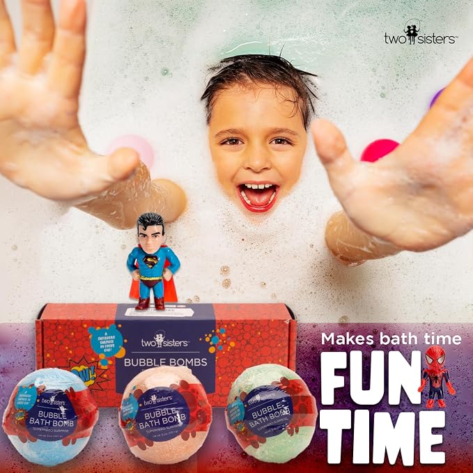 Superhero Bath Bombs for Kids with Surprise Toys Inside (3 Pack) - Large Bubble Bomb for Boys & Girls - Fizzies, Relaxing Aromas, USA Made, Skin-Safe, Stain-Free by Two Sisters