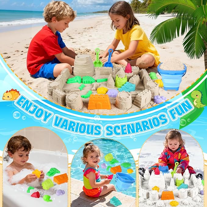 ERHAlCAT Beach Sand Toys, Dinosaur Fossil Molds, Sandbox Toys with Collapsible Bucket, Sand Castle Building Kit, Shovel, Rake and Mesh Bag, Outdoor Summer Travel Toys for Kids Ages 3-12