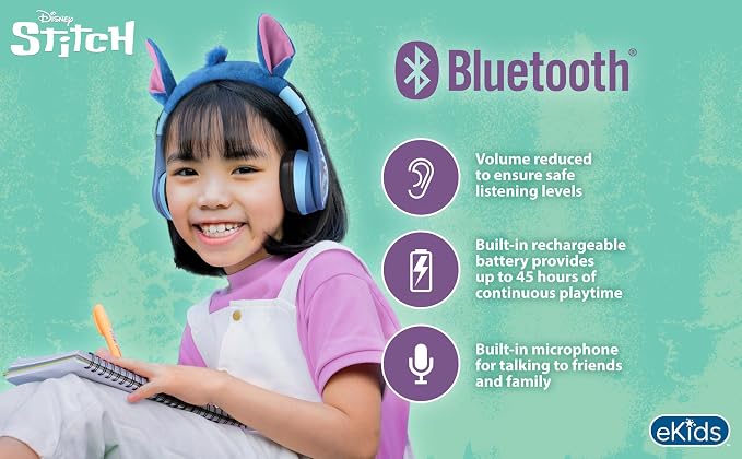 Disney Stitch Bluetooth Headphones for Kids, Wireless Headphones for School, Home or Travel