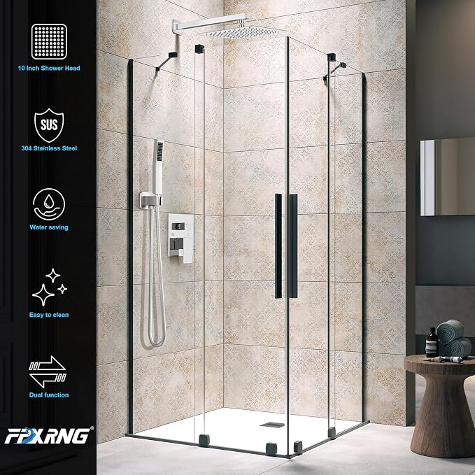 FPXRNG Shower Faucet Set Bathroom Square Rain Shower Head and Handle Set, Wall Mounted Shower Fixtures, Full Metal Trim Repair Kit 10 inch Polished Chrome (With Shower Valve)