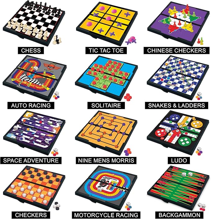 Gamie Magnetic Board Travel Games for Kids, Includes 12 Retro Fun Games - 5" Compact Design, Individually Boxed Travel Essentials for Kids 4-8, 8-12, Road Trip/Airplane/Camping, for All Ages