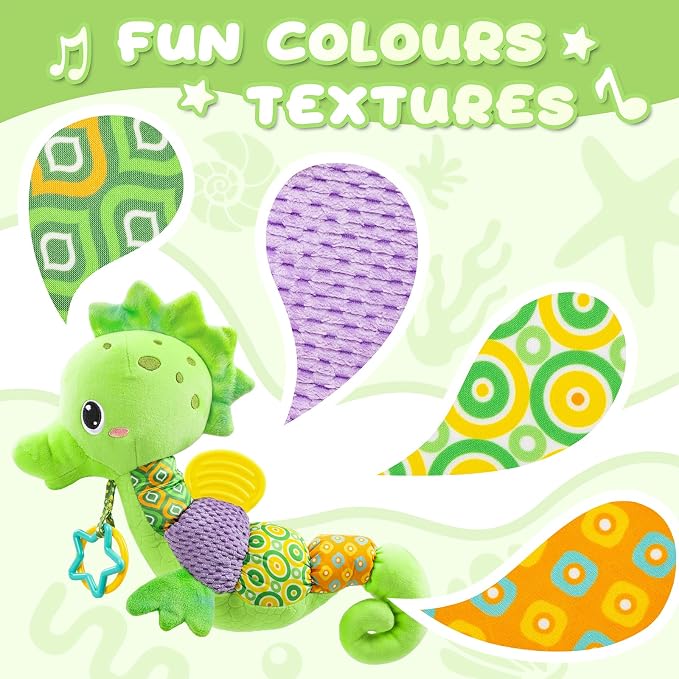 Awotoy Baby Toys 0 to 12 Months, Musical Stuffed Animal Activity Soft Toys with Multi-Sensory Crinkle, Rattle and Textures, Infant Tummy Time Toys for Newborn Boys Girls, Seahorse, Green