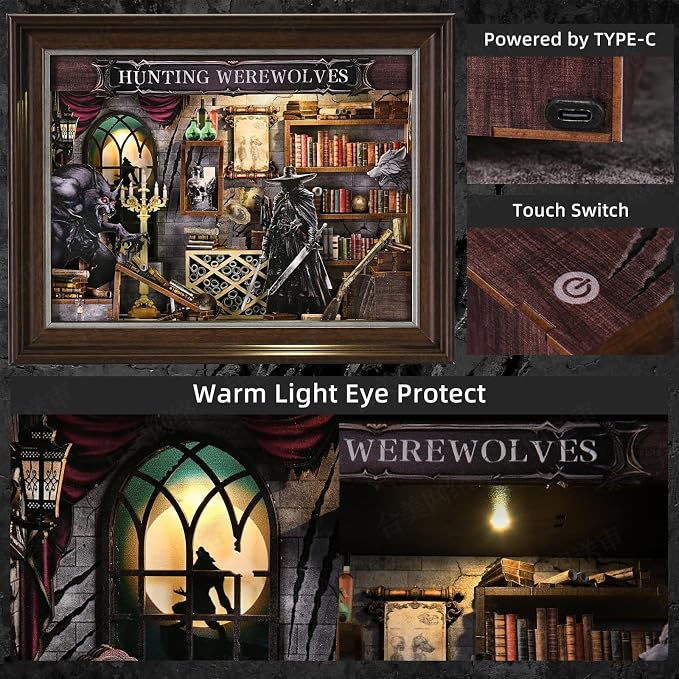 Book Nook Kit-3D Wooden Puzzle with LED Touch Control & Wall-Mountable Frame,DIY Miniature House for Beginners,Bookshelf/Tabletop/Wall Decor for Craft Lovers,Dollhouse Gift,Hunting Werewolves