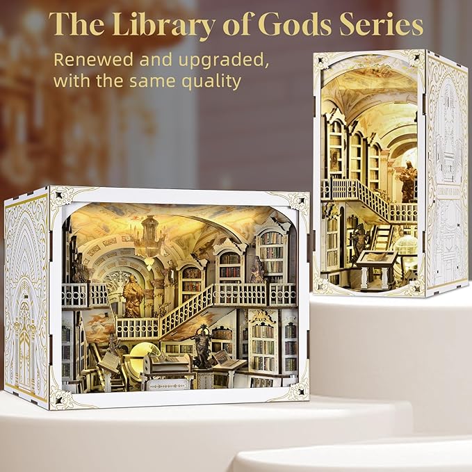 MiniCity DIY Book Nook Kit for Adults, 3D Wooden Puzzle Bookend Bookshelf Insert Decor with LED Light and Dust Cover (Library of Gods Max)