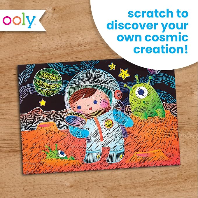 Ooly Scratch & Scribble Travel Crafts for Kids – 1pc Art Kit, Portable Car & Airplane Activity, 8 Scratch Cards + Wooden Stylus + Stickers, Ages 6+ – Space Explorers