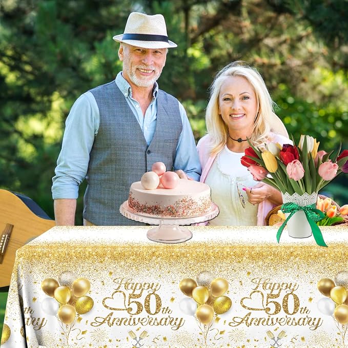Happy 50th Anniversary Table Cloth,50 Year Anniversary Decorations 3Pcs White and Gold Tablecloth Waterproof Rectangular Table Cover for 50 Year Old Birthday Party Supply