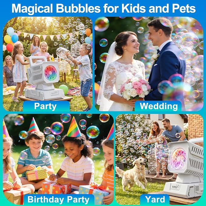 Bubble Machine for Kids, Rechargeable Bubble Blower with Remote & RGB Lights, Automatic Rotating Battery Bubble Maker for Birthday Parties, Weddings, Outdoor Activities