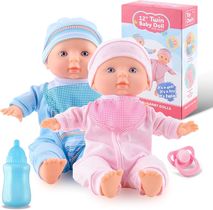 Toy Choi's Twin Baby Dolls 12 inch Soft Body Doll Set, Babydoll Playset with Rompers, Hat, Pacifier and Doll Bibs, Gifts Toys Toddlers Kids Boys and Girls