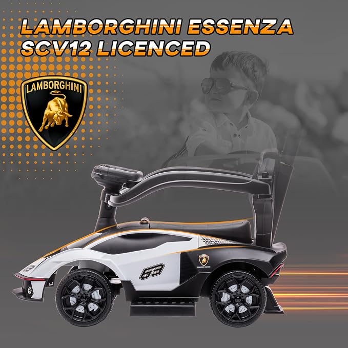 Aosom 2-in-1 Ride On Push Car for Toddlers 1-3, Licensed Lamborghini Stroller Sliding Car, Push-Along with Under Seat Storage Horn Engine Sound and Steering Wheel, Manual, White