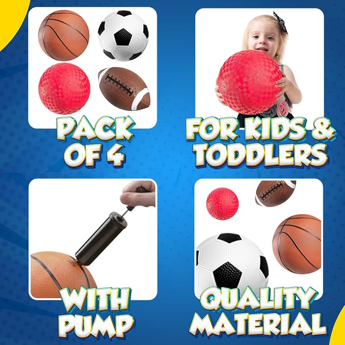 Sports Balls for Kids & Toddlers - (Pack of 4) 5-inch Sports Set Includes Football, Small Size Soccer, Basketball, and Playground Balls, Fun Indoors & Outdoor Toys (Hand Pump Included)