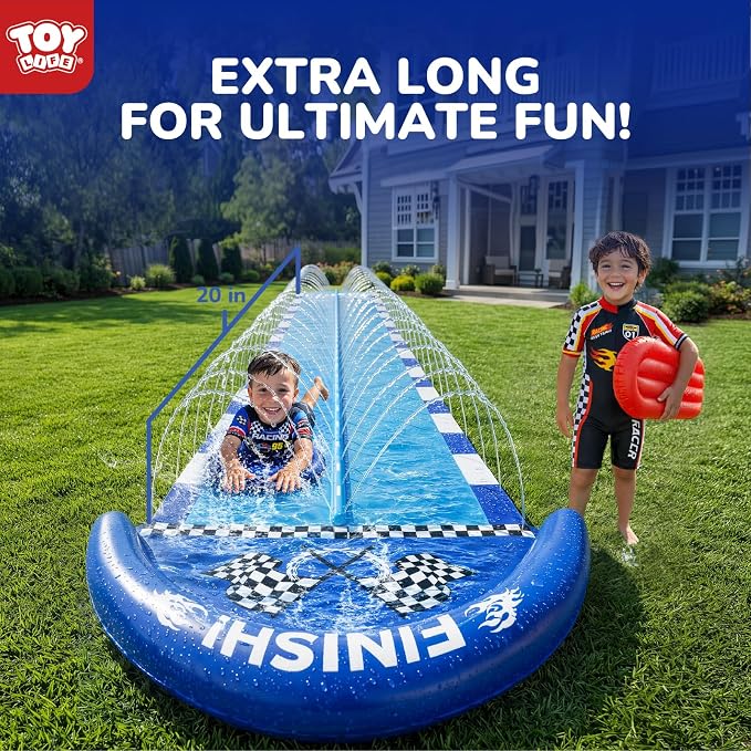 TOY Life Giant Race Car Water Slides for Kids 20Ft Waterslide Backyards Lawn with 2 Bodyboards, 2 Lane Slip Splash and Slide Summer Toys with Built-in Sprinkler for Backyard Outdoor Water Toys