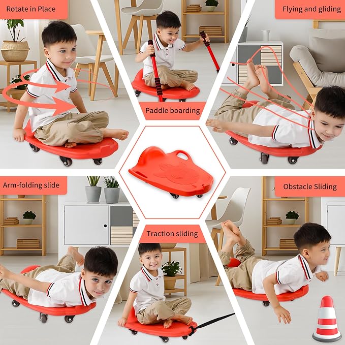 Large Scooter Board for Kids, Plastic Floor Scooter Board with Handles and Buckle, Gym Scooters for Indoor Outdoor Sports,Sensory Training