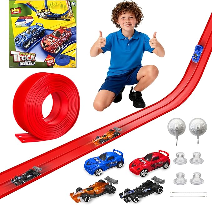 20 Ft Flexible Race Track Toys, Flex Race Car Ramp Track with 4 Race Cars & Suction Cups Rolls Up Portable DIY Race Track Anti Gravity Car Track Set,Kids Racecar Track Toy(Red)