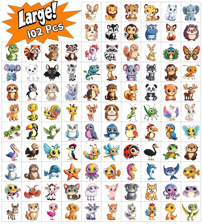 JCFIRE Larger Temporary Tattoos For Kids Stocking Stuffers, 102 Styles Mixed Cute Animals Stickers Birthday Party Favors for Kids 3-5 4-8, Goodie Bag Stuffers Gifts Activities Games Christmas