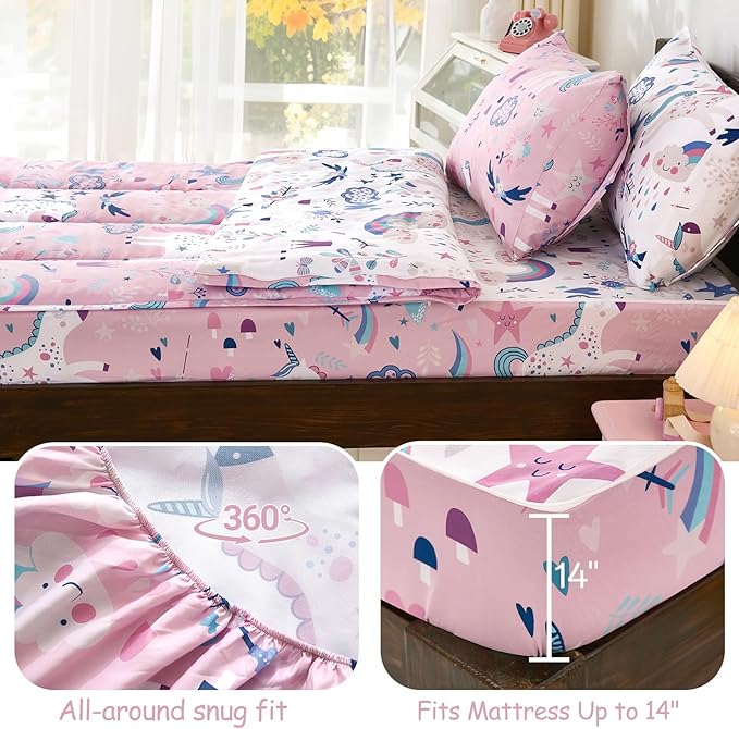DJY Zipper Bedding Set Full, Pink Unicorn Bedding Sets for Girls, Kids Comforter Set with Fitted Sheet Pillowcases, All in One Zipper Bed Set for All Seasons