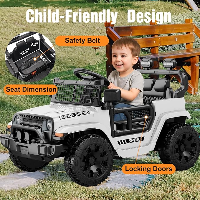 12V Ride on Toys with Parent Remote Control, Toddler Electric Car with Spring Suspension, LED Lights & Music Player - Safe Battery Car for Kids, Easy to Assemble, White