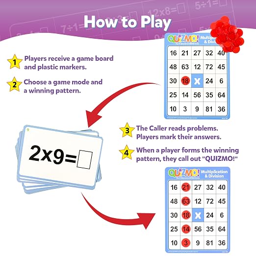 QUIZMO Multiplication & Division | Bingo Style Math Game | 2 Game Modes for Ages 8+ | Teach Basic Mathematics