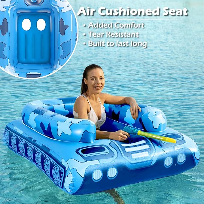 Tank Pool Floats Kids Adults - Jasonwell Inflatable Pool Floaties Swimming Pool Tank with Water Cannon Gun Swim Floaty Rafts Lake Beach Party Pool Toys for Boys Girls Toddlers Kids Adults (Blue, L)