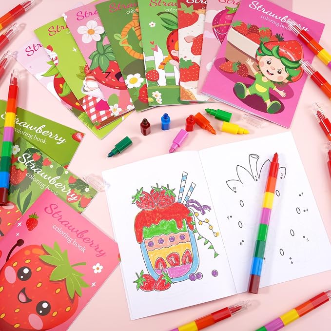 BenLouis 24 Pcs Strawberry Mini Coloring Books Kids Berry Party Favors Small Activity Books for Kids Girl Fruit First Birthday Bridal Baby Shower Goodie Bags Stuffers Return Gifts Classroom Travel