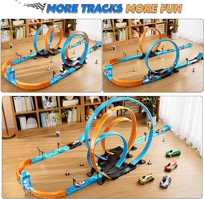 LILYBUDS Toy Car Track Gift Set for Boys Kids Age 3-5 4-7 8-12, Long Race Tracks with 4 Action Loops and 4 High-Speed Slot Die-Cast Race Cars, 35+ Pieces Race Tracks to Create Multiple Configurations