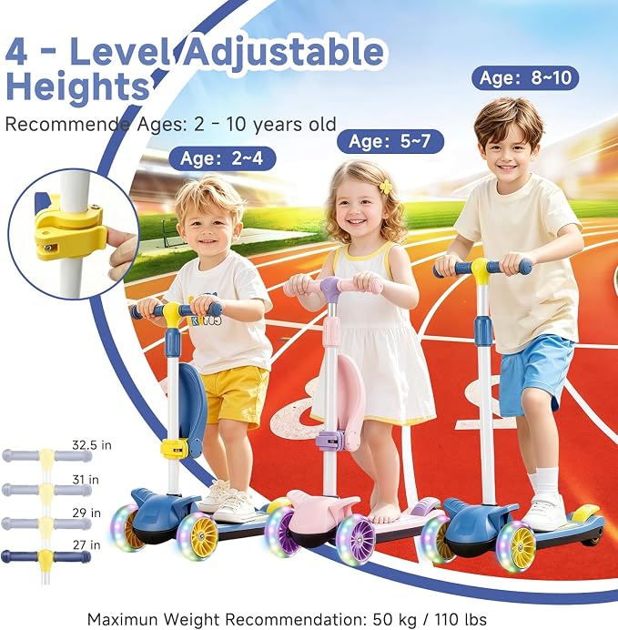 2 in 1 Kick Scooter with Removable Seat, 3 LED Wheels Kick Scooter for Kids, 4 Adjustable Height & Foldable Design Toddler Scooters Sit or Stand Ride for Boys & Girls 2-10 Years Old