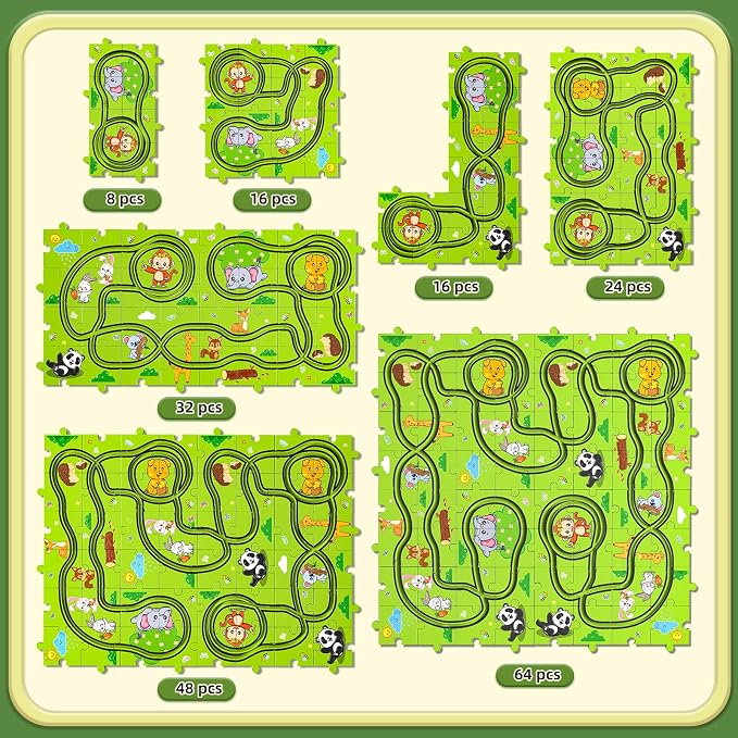 JUKUDAHU 64 Pieces Puzzle Race Track Car Set Toys for 3 4 5 6 Year Old Boys - Puzzle Tracks Car Toys for Kids Ages 3-5 with 3 Sliding Toy Cars, Animals-Themed, Birthday Gifts for Toddlers 1-3 2-4 4-6