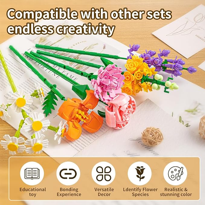 15PCS Flower Bouquet Building Set, 523PCS Floral Blocks Toy for Kids