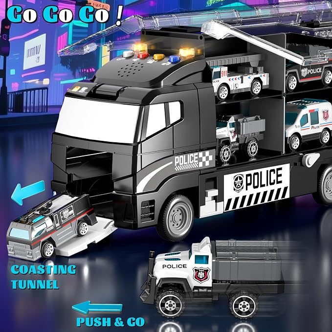 Toddler Boys Police Car Toy Set: Police Truck for Boy 3 4 5 6 Years Old | with Play Mat and Die-Cast Toy Car | Birthday Gifts Toys for 3-8 Year Old Boys | Girl Toys with Light and Sound