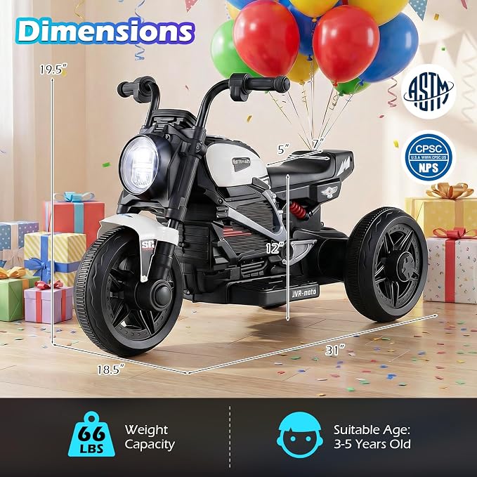 Costzon Toddler Motorcycle, 6V Chopper Kids Motorcycle Ride On Toy with LED Headlight, Music, Story, 3-Wheel Stable Electric Motorbike for Toddlers Boys Girls (White, 31" x 18.5" x 19.5"(L x W x H))