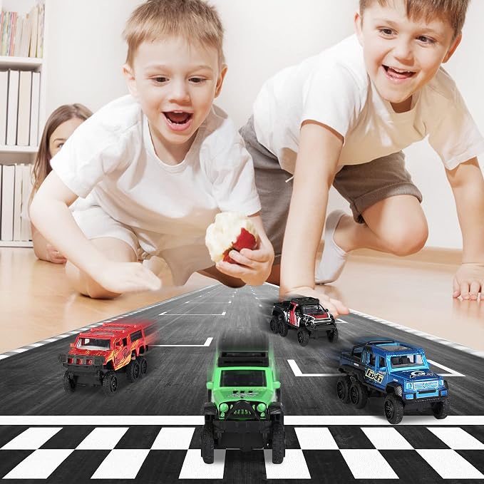 KIDAMI Diecast Toy Trucks 4 Pack Die Cast Metal Toy Cars Pull Back Cars Openable Doors Off-Road Vehicles Birthday Gift for Boys and Toddlers (Colorful)