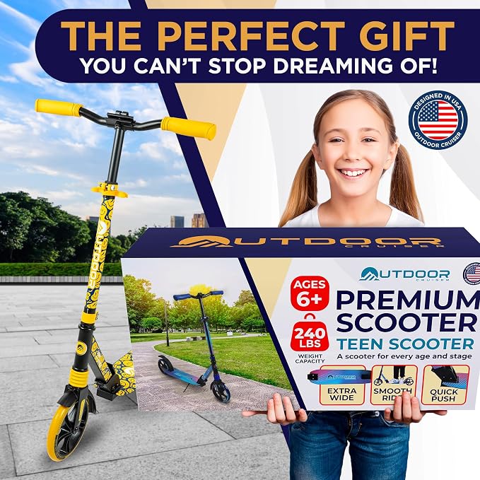 Outdoor Cruiser Kick Scooter for Ages 6+, for Kids, Teens, and Adults, Max Load 250 LBS, Foldable, 8-inch Big Wheels, Dual Suspension, 3 Adjustable Levels, Child Safety Approved, Yellow