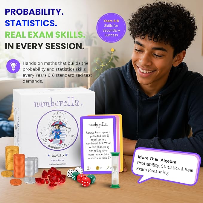 Numberella Deluxe Math Card Game – Level 3 | Ages 13–15, Grades 8–10 | Algebra, Geometry & Statistics | Middle School Math Game | Award-Winning STEM | 432 Questions, 6 Card Types | 2–5 Players
