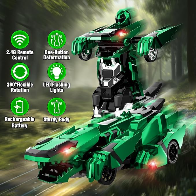 Kroyedfuw Dinosaur Transform Rc Cars, 2.4Ghz Remote Control Car Transforming Robot with Flashing Light, 360° Rotation One Button Deformation Car Toy Gifts for Boys Age 4-7 8-12