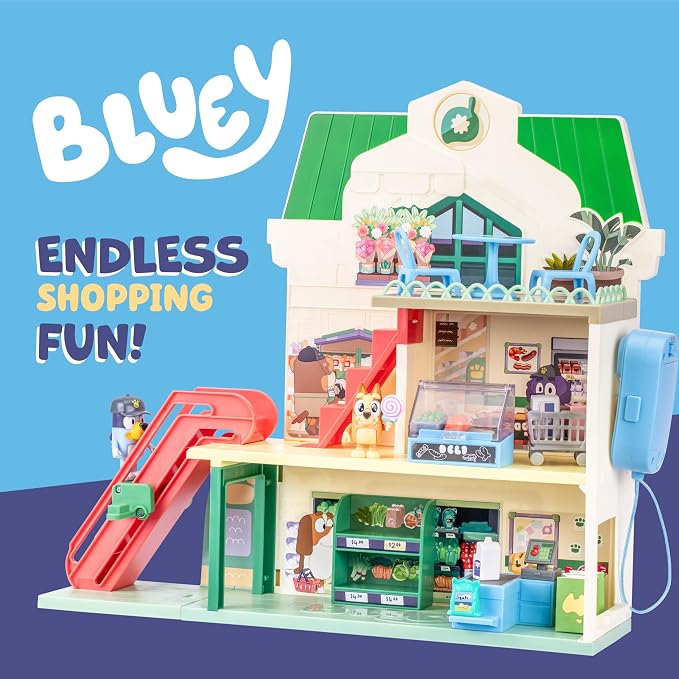 Bluey and Bingo Supermarket Playset with Escalator, Pretend Play Toys for Toddlers, Sounds and 15 Pieces, Bluey Grocery Store Playset