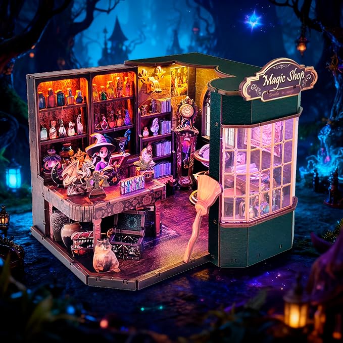 Magic Shop Book Nook Kit - DIY Miniature House Dollhouse Kit for Adult and Teens, Tiny House Bookshelf Decor 3D Wooden Puzzle with LED Lighting, Gifts for Family, Friends (Magic Shop)