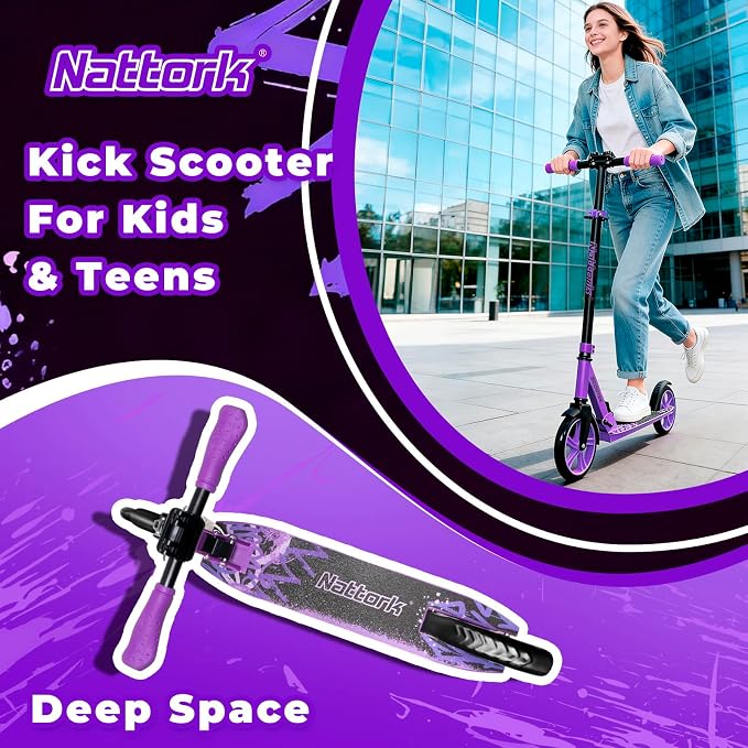 Nattork Scooter for Kids 6+, Teens and Adults- Adjustable Height Folding Kick Scooter with Large Sturdy Wheels for a Smooth Ride, Lightweight, Anti-Shock Suspension for Boys and Girls