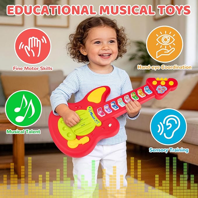 Kids Guitar Toy for 1-3 Year Old Boys Girls,Toddler Musical Toy with Lights,3 Play Modes Music & Animal Sounds,Early Learning Educational Guitar,Birthday Christmas for Baby