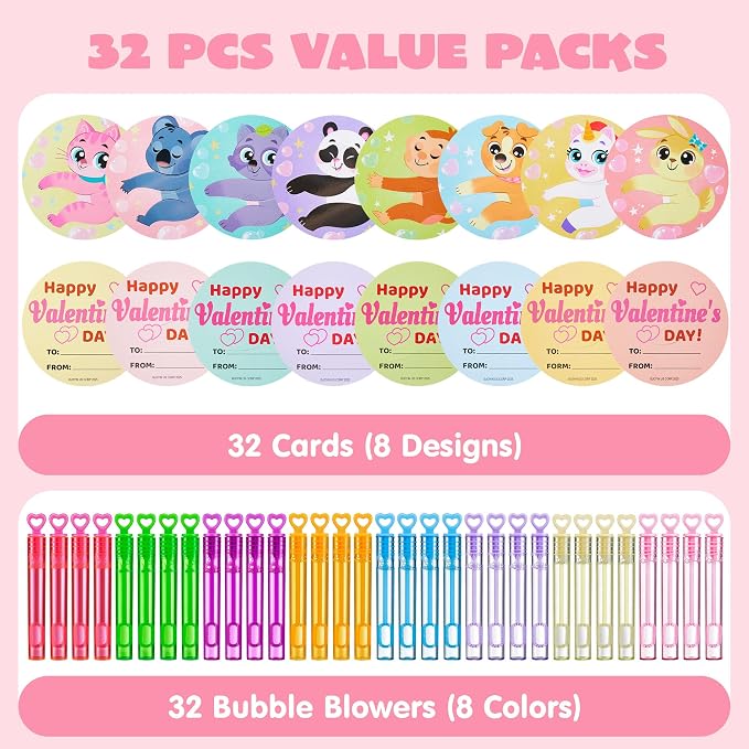 JOYIN 32 Pcs Valentine's Day Gift Cards with Mini Bubble Wands for Kids, Bubble Wands with Animal Themed Cards, Valentine's Day Gifts for Kids Classroom Prize Treats Party Favor Goodie Bag Stuffers