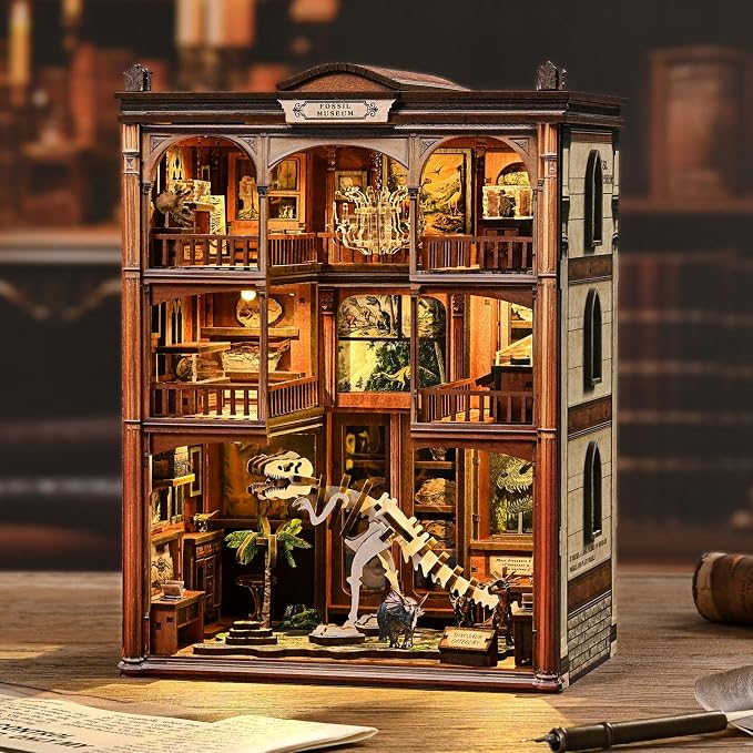 Book Nook 3D Wooden Puzzle Mini Building Kit DIY Dollhouse Diorama, Miniature Bookshelf Decor Unique Gift for Family and Friends - Fossil Museum