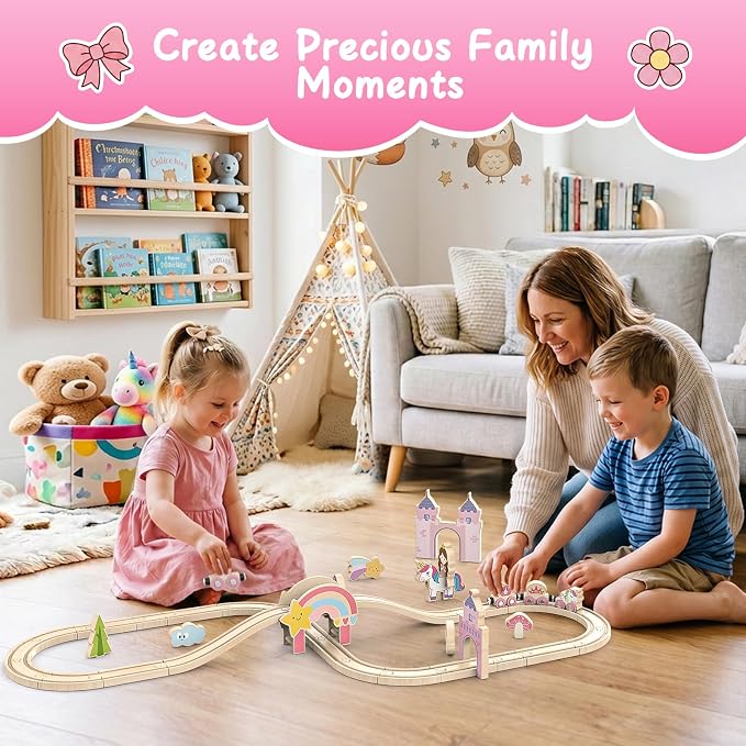 Wooden Train Set for Toddlers – 39 Pcs Unicorn Wooden Train Track Toy for Girls, Fantasy Toddler Toys for 3 4 5 6 Year Old Girls, Ideal Christmas Birthday Gift for 3-5 Girl