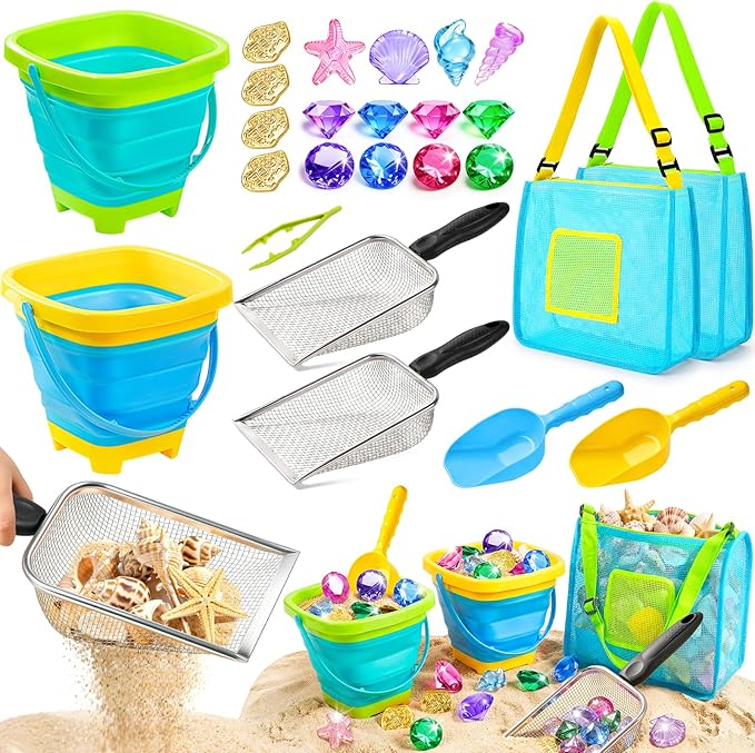 DISHIO Beach Toys for Kids, 24 Pcs Metal Sand Sifter & Collapsible Beach Buckets Set, Stainless Steel Sand Shovel, Sandcastle Building Kit with Mesh Bag, Travel Sand Toys for Toddlers Age 3-10