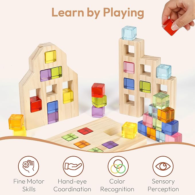 Woodtoe Wooden Building Blocks Set for Kids, 36 PCS Rainbow Acrylic Gem Blocks - 3 Wood House, Montessori Stacking Toy for Toddlers, Educational STEM Birthday Creative Toy Gift for Boys Girls 3-6