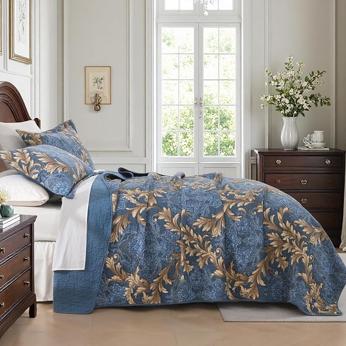 100% Cotton Classic Damask Reversible King Size Quilt Set, Blue and Brown | Elegant Floral Pattern, King Quilt with Shams, Lightweight, Scrollwork, 3 Piece Bedspread Set, All Season, 106"x98"