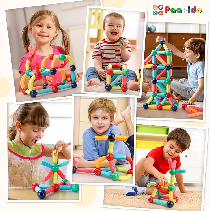 Paaxido 64PCS Magnetic Building Blocks - Montessori Sensory Toys with Stronger Magnets, STEM Learning Toys for Kids, Creative Construction DIY Kit Gift for Boys & Girls