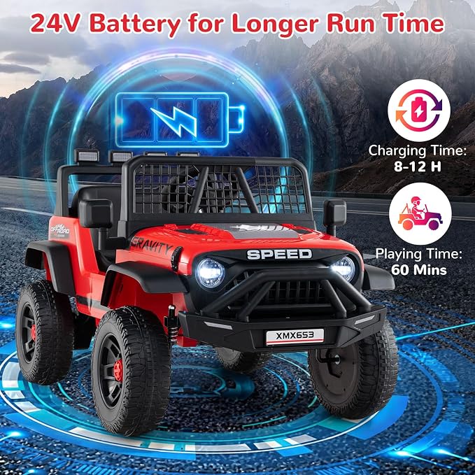 OLAKIDS 24V Ride on Car with Remote Control, Bluetooth, LED Lights, Horn, Spring Suspension, High/Low Speeds, Soft Start for Kids Aged 3+ (Red)