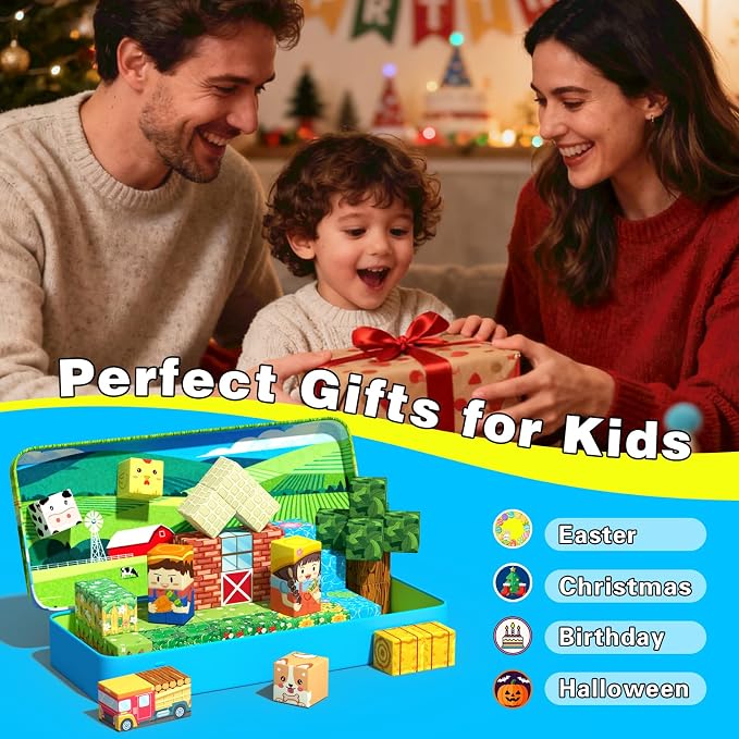 Mini Magnetic Blocks, Magnet Building Cubes, Farm Animal Travel Outdoors Toys with Portable Iron Box, STEM Montessori Sensory Educational Toys for Toddlers, Gift for Kids Ages 3-8 Boys & Girls