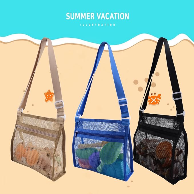 MUYIZI Mesh Beach Bag for Collecting Shells 3 Pack,Shell Bags for Beach,Sea Shell Bags for Picking Up Shells,Beach Shell Bag for Kids, Sand Toys Swimming Accessories for Boys and Girls